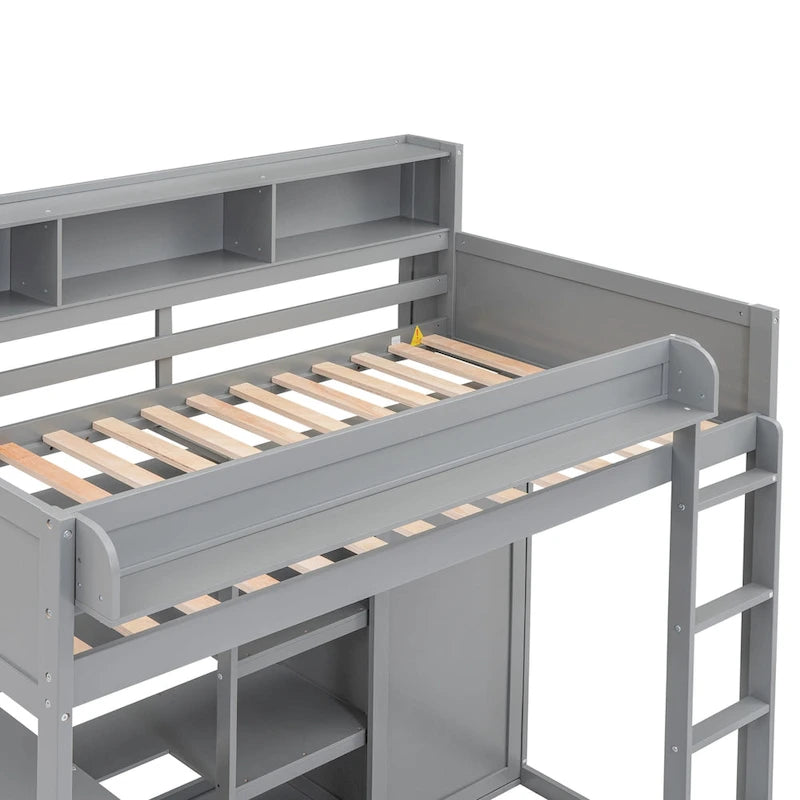 Letto a soppalco singolo in legno con numerosi scaffali portaoggetti e armadio
