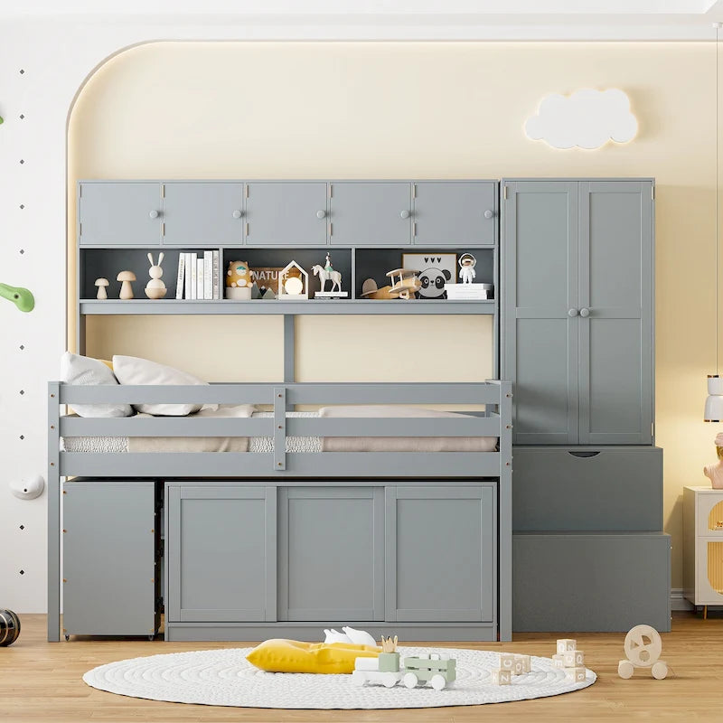 Letto a soppalco matrimoniale in legno con ampio spazio contenitore, scrivania sotto il letto, cassetti e ripiani