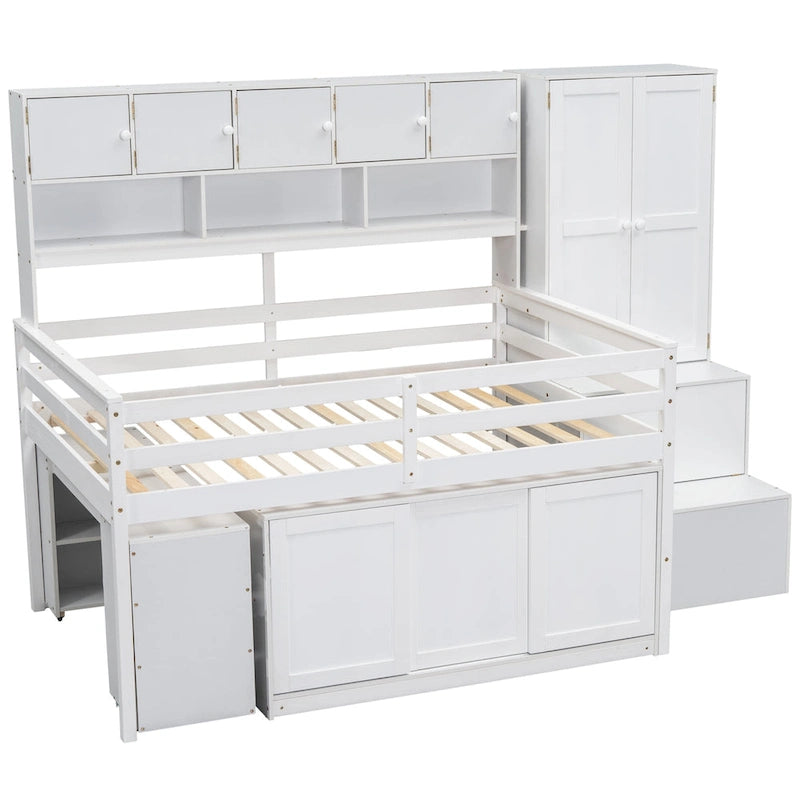 Full Size Wooden Loft Bed Big Storage with Under-bed Desk, with Drawers, with Shelves