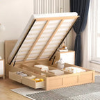 Letto matrimoniale in legno con piattaforma e contenitore, letto imbottito con 2 cassetti salvaspazio e telaio letto creativo
