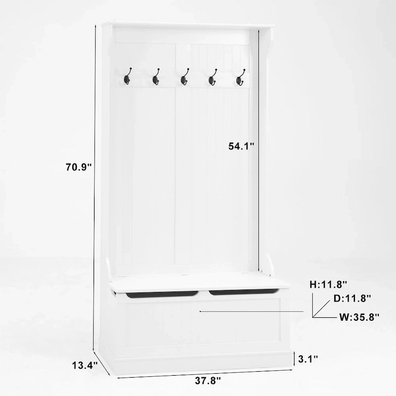 Appendiabiti da ingresso con panca, scarpiera e 5 ganci – Bianco