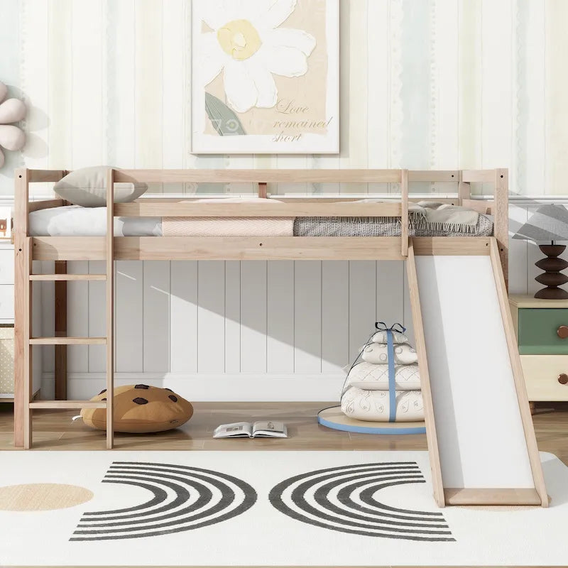 Cama alta de tamaño Twin con tobogán y diseño de perfil bajo