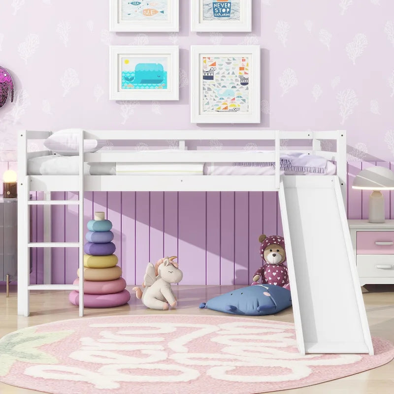 Cama alta de tamaño Twin con tobogán y diseño de perfil bajo