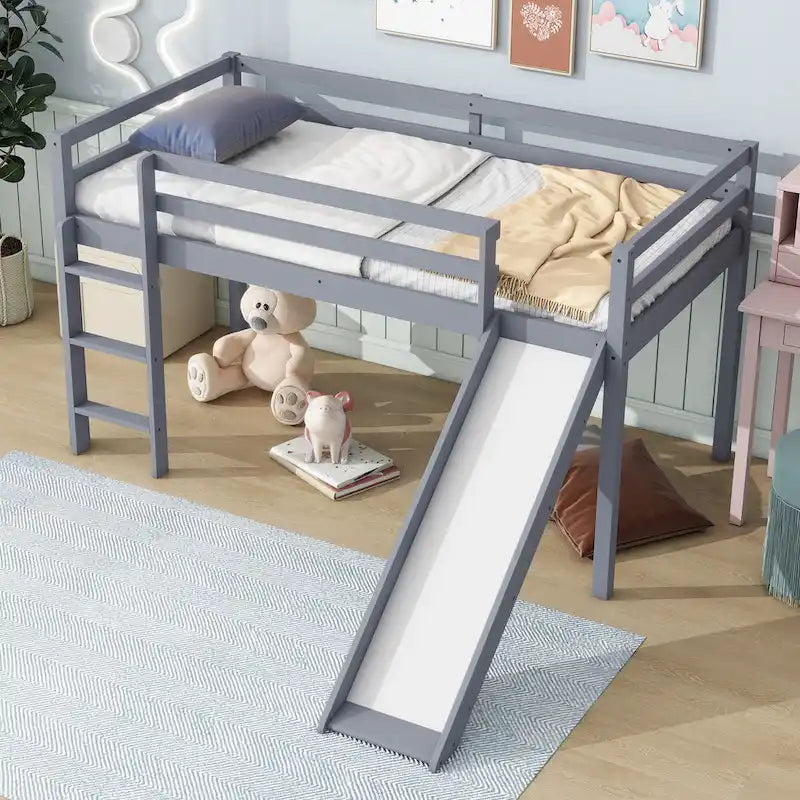 Letto a soppalco singolo con scivolo e design ribassato