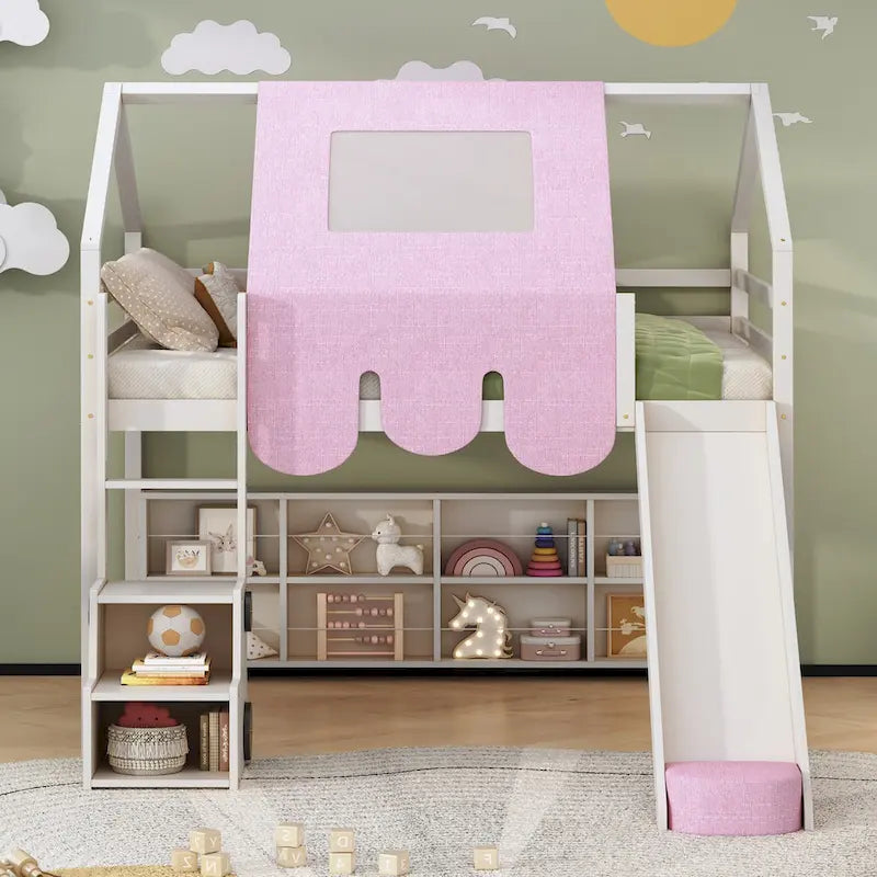 Letto a soppalco matrimoniale con tenda da gioco, design a casetta, scivolo e scala