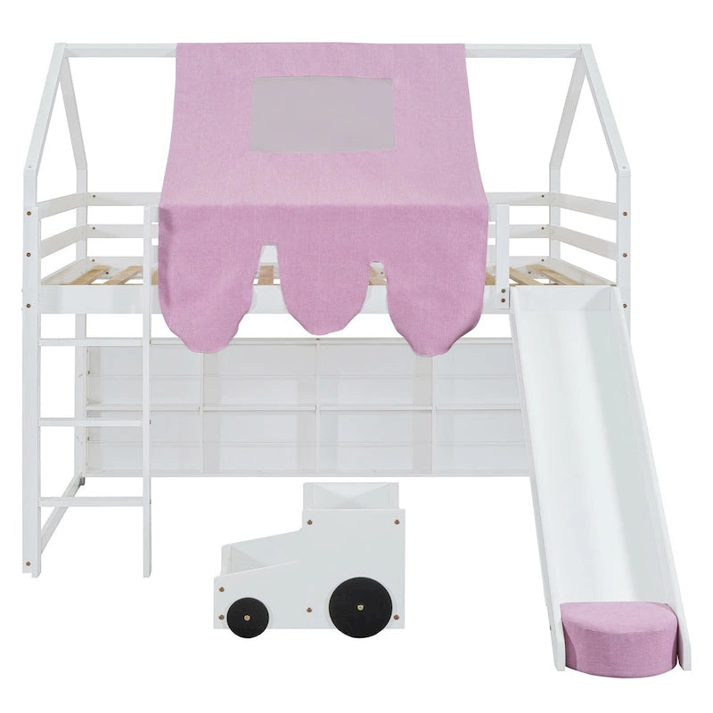 Letto a soppalco matrimoniale con tenda da gioco, design a casetta, scivolo e scala