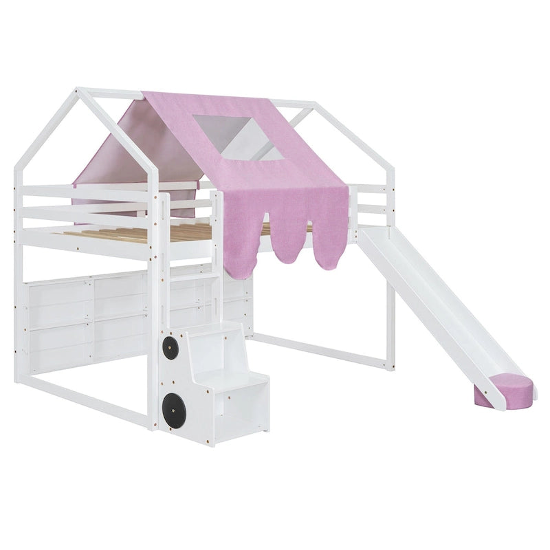 Letto a soppalco matrimoniale con tenda da gioco, design a casetta, scivolo e scala