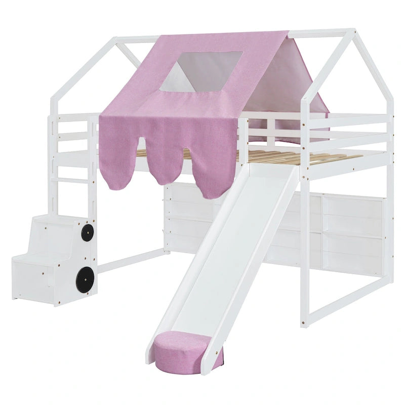 Letto a soppalco matrimoniale con tenda da gioco, design a casetta, scivolo e scala