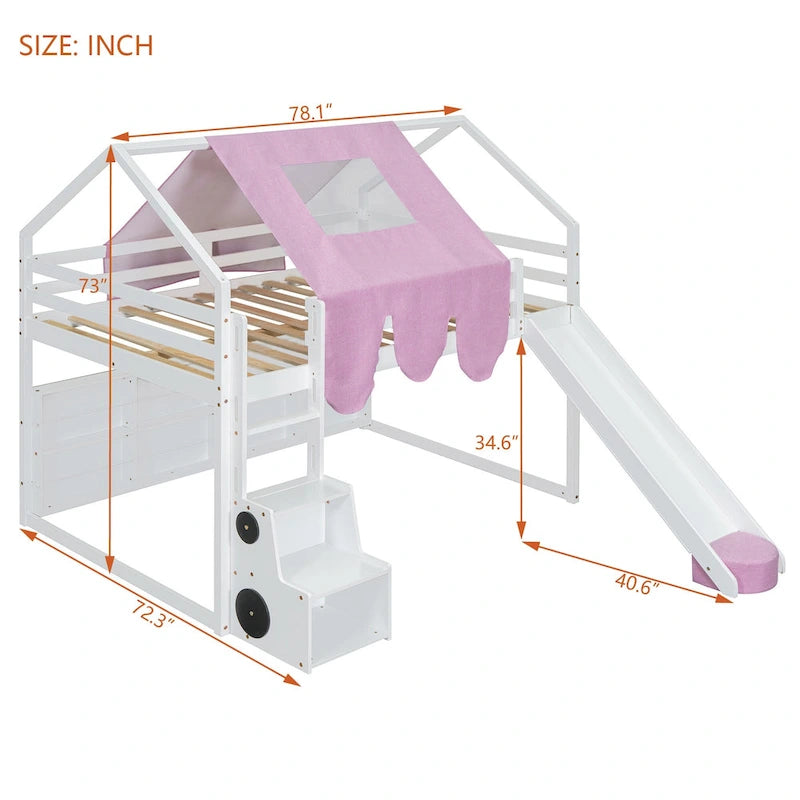 Letto a soppalco matrimoniale con tenda da gioco, design a casetta, scivolo e scala
