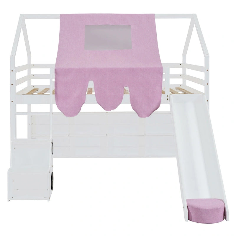 Letto a soppalco matrimoniale con tenda da gioco, design a casetta, scivolo e scala