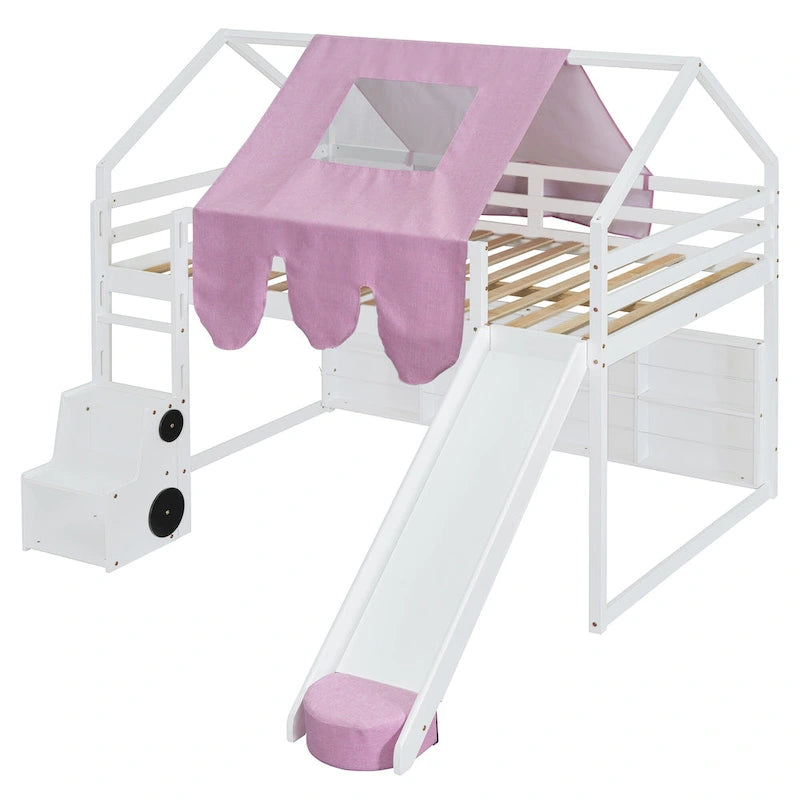 Letto a soppalco matrimoniale con tenda da gioco, design a casetta, scivolo e scala