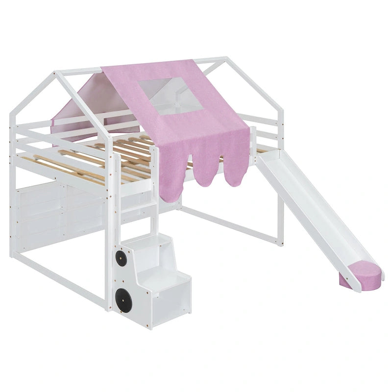 Letto a soppalco matrimoniale con tenda da gioco, design a casetta, scivolo e scala