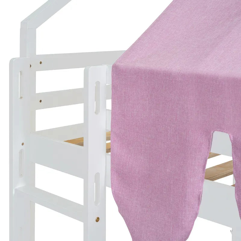 Letto a soppalco matrimoniale con tenda da gioco, design a casetta, scivolo e scala