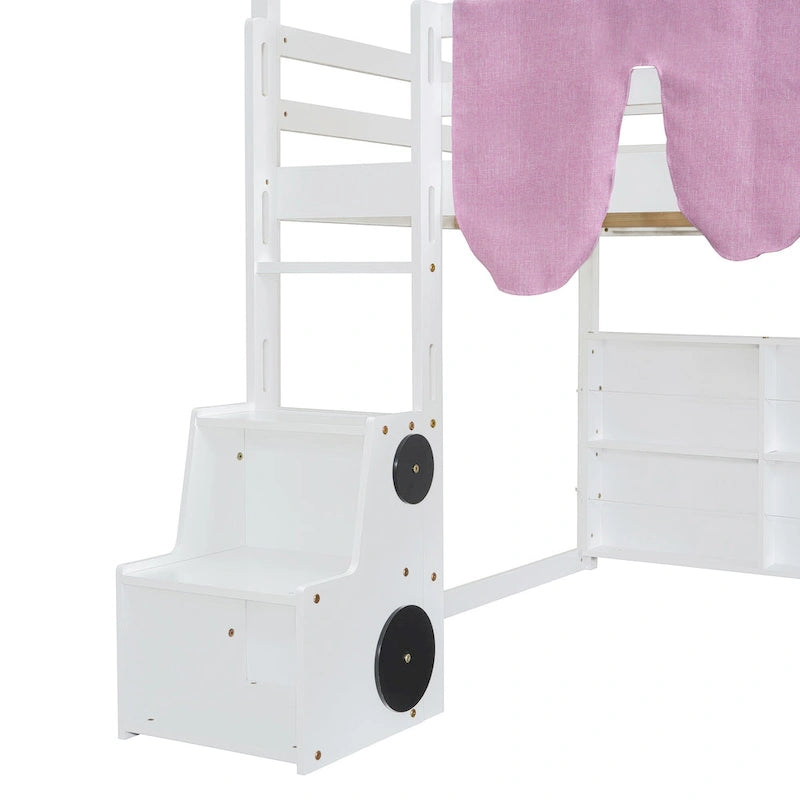 Letto a soppalco matrimoniale con tenda da gioco, design a casetta, scivolo e scala