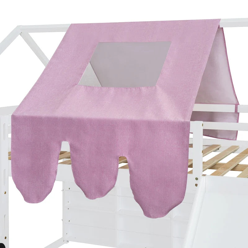Letto a soppalco matrimoniale con tenda da gioco, design a casetta, scivolo e scala