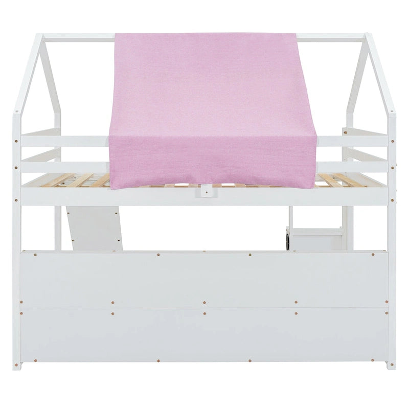 Letto a soppalco matrimoniale con tenda da gioco, design a casetta, scivolo e scala