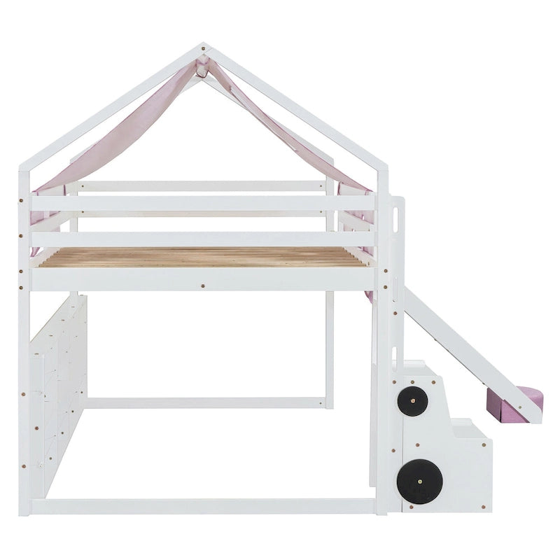 Letto a soppalco matrimoniale con tenda da gioco, design a casetta, scivolo e scala