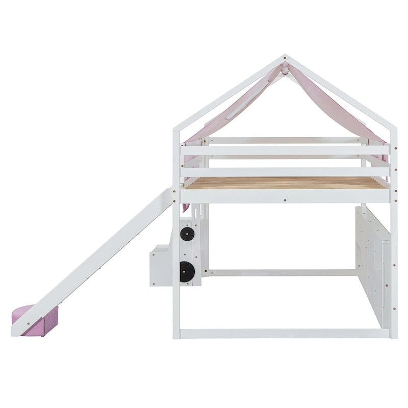 Letto a soppalco matrimoniale con tenda da gioco, design a casetta, scivolo e scala