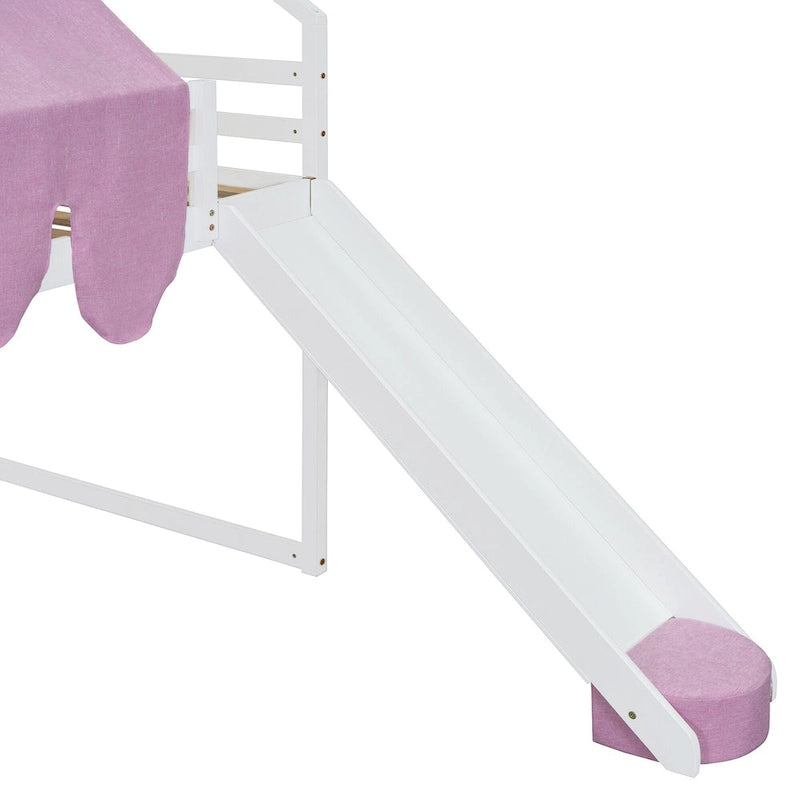 Letto a soppalco matrimoniale con tenda da gioco, design a casetta, scivolo e scala