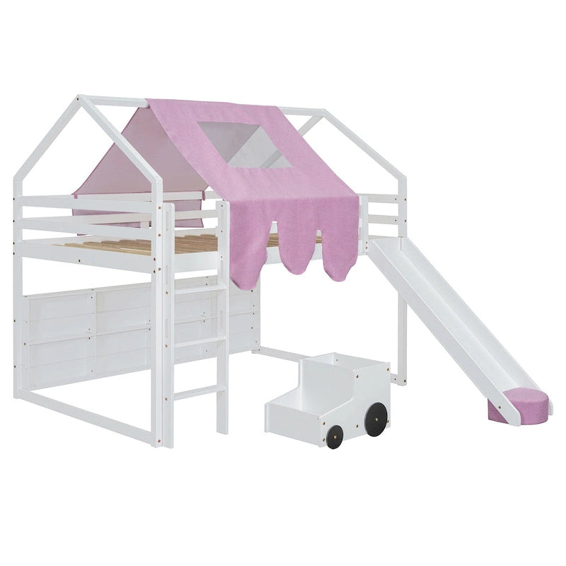 Letto a soppalco matrimoniale con tenda da gioco, design a casetta, scivolo e scala