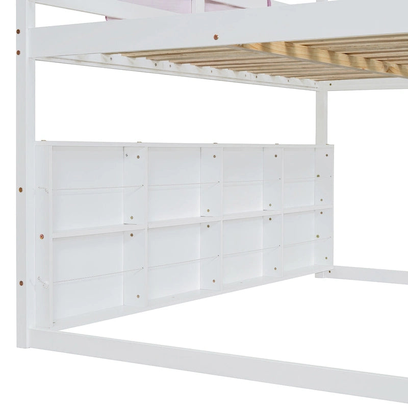 Letto a soppalco matrimoniale con tenda da gioco, design a casetta, scivolo e scala