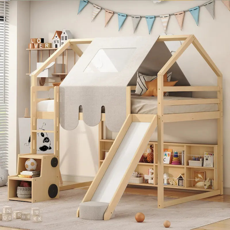 Letto a soppalco matrimoniale con tenda da gioco, design a casetta, scivolo e scala
