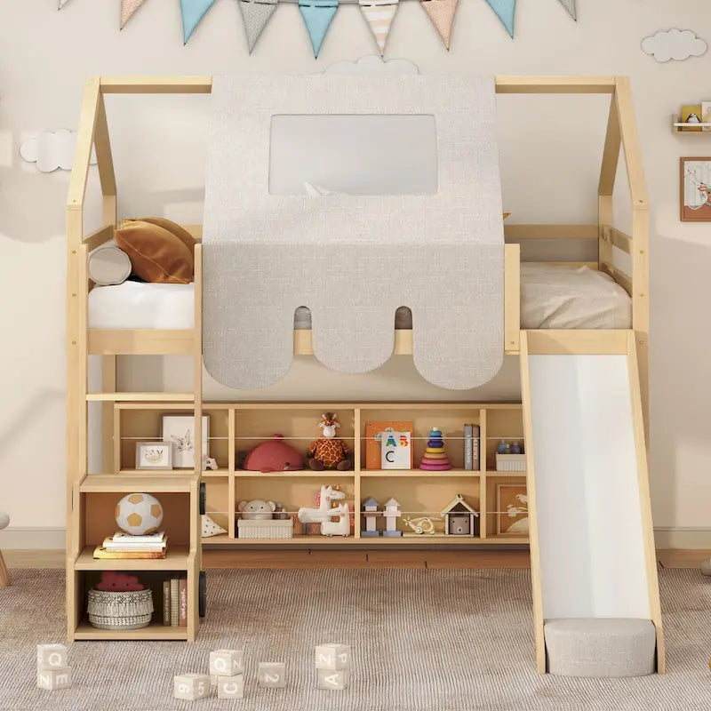 Letto a soppalco matrimoniale con tenda da gioco, design a casetta, scivolo e scala