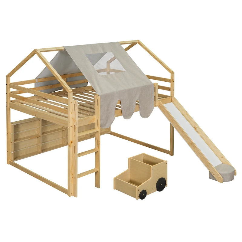 Letto a soppalco matrimoniale con tenda da gioco, design a casetta, scivolo e scala
