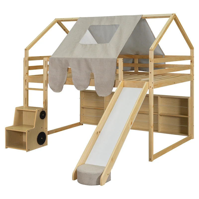 Letto a soppalco matrimoniale con tenda da gioco, design a casetta, scivolo e scala