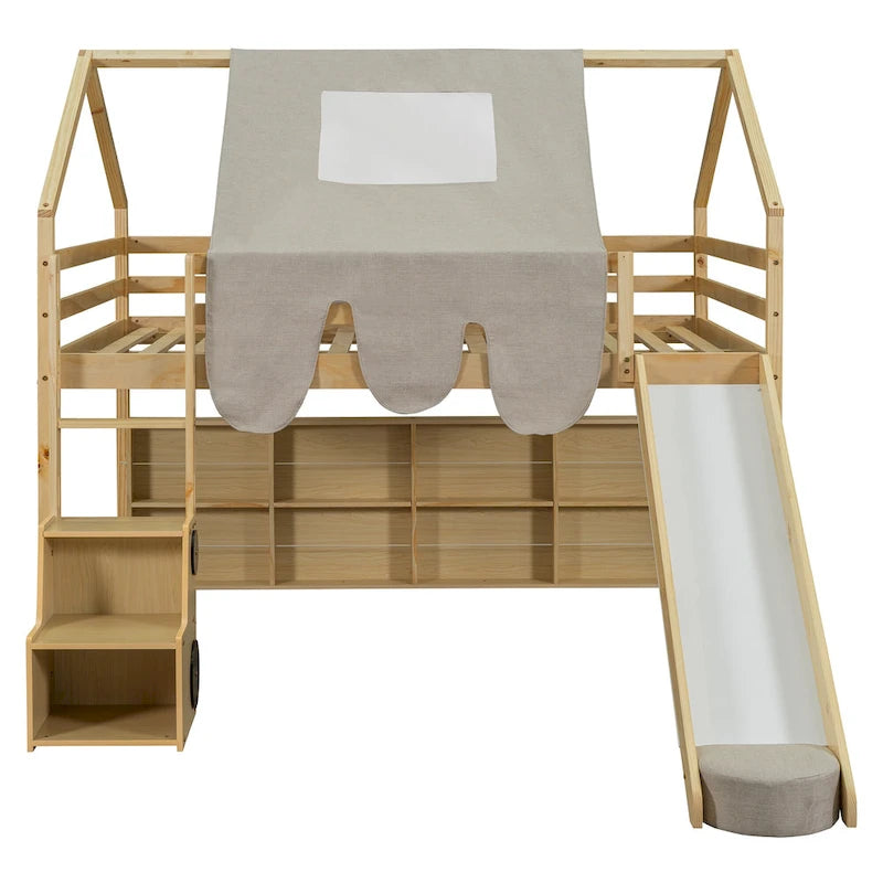 Letto a soppalco matrimoniale con tenda da gioco, design a casetta, scivolo e scala