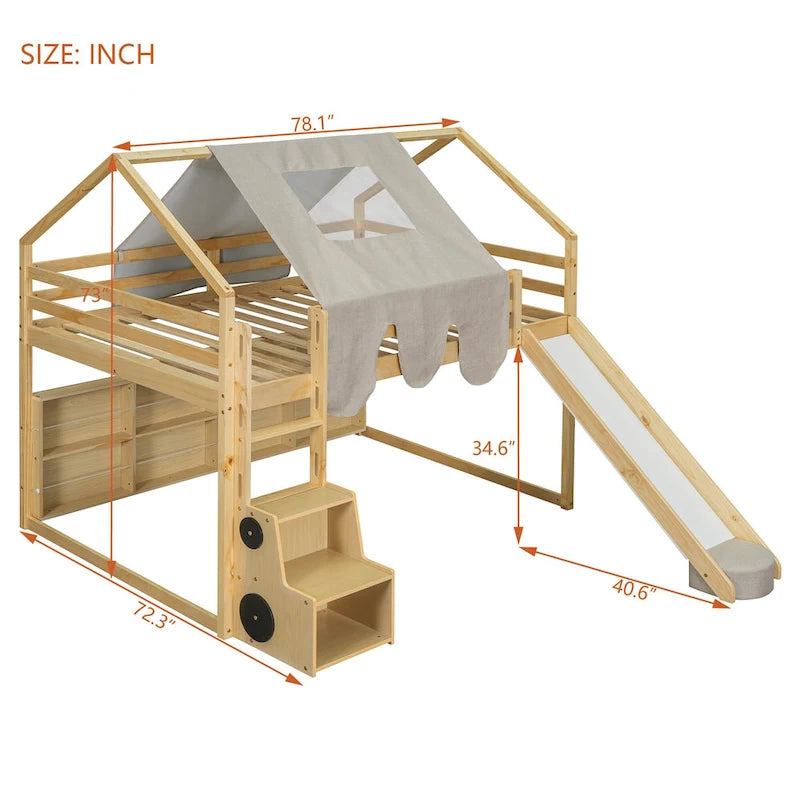 Letto a soppalco matrimoniale con tenda da gioco, design a casetta, scivolo e scala