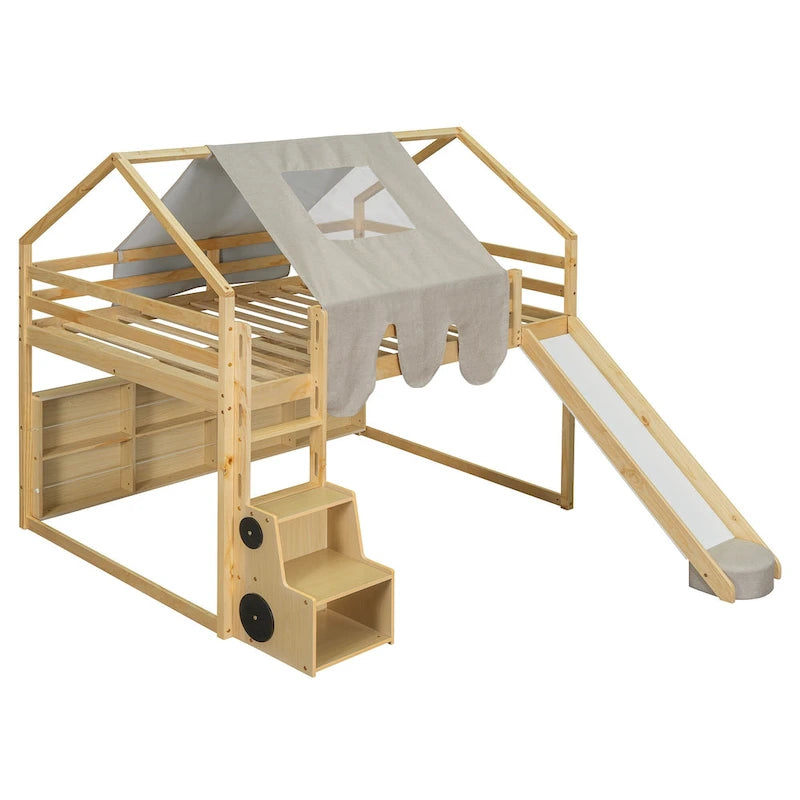 Letto a soppalco matrimoniale con tenda da gioco, design a casetta, scivolo e scala