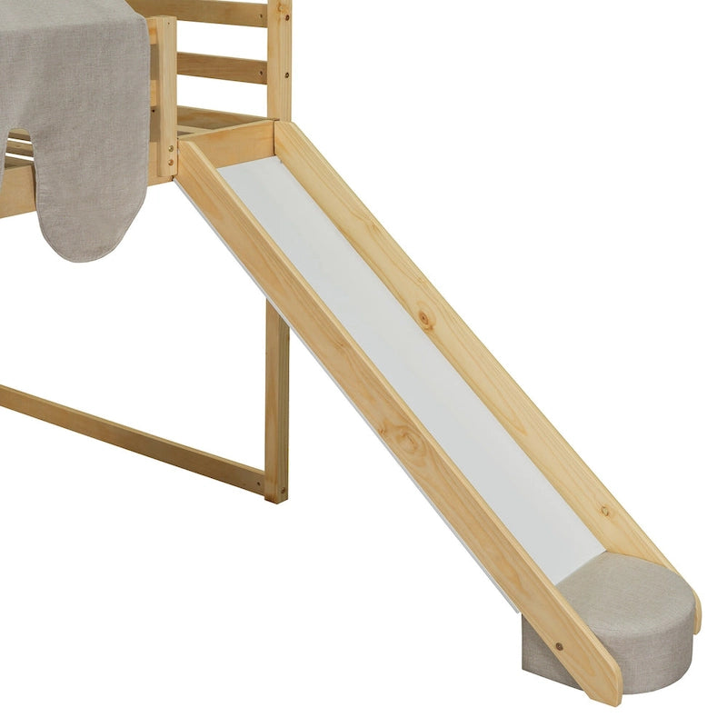 Letto a soppalco matrimoniale con tenda da gioco, design a casetta, scivolo e scala