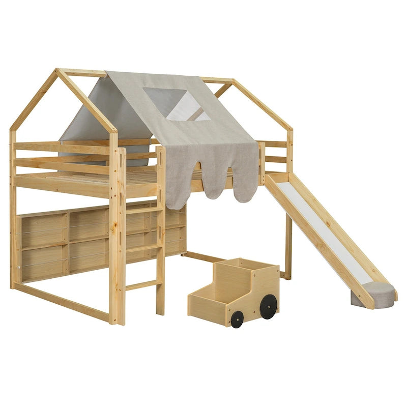 Letto a soppalco matrimoniale con tenda da gioco, design a casetta, scivolo e scala