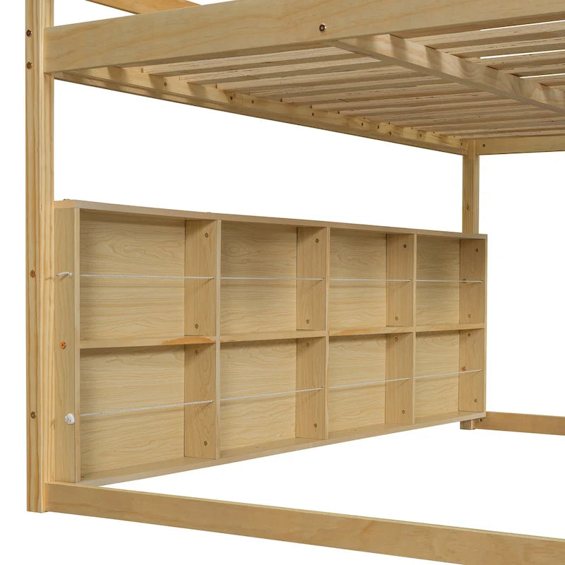 Letto a soppalco matrimoniale con tenda da gioco, design a casetta, scivolo e scala