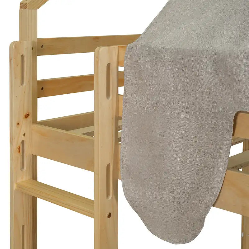 Letto a soppalco matrimoniale con tenda da gioco, design a casetta, scivolo e scala