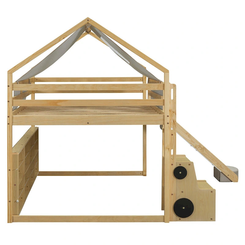 Letto a soppalco matrimoniale con tenda da gioco, design a casetta, scivolo e scala