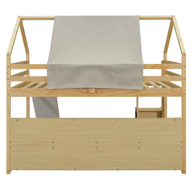 Letto a soppalco matrimoniale con tenda da gioco, design a casetta, scivolo e scala