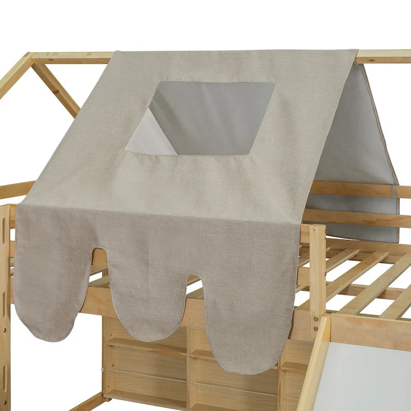Letto a soppalco matrimoniale con tenda da gioco, design a casetta, scivolo e scala
