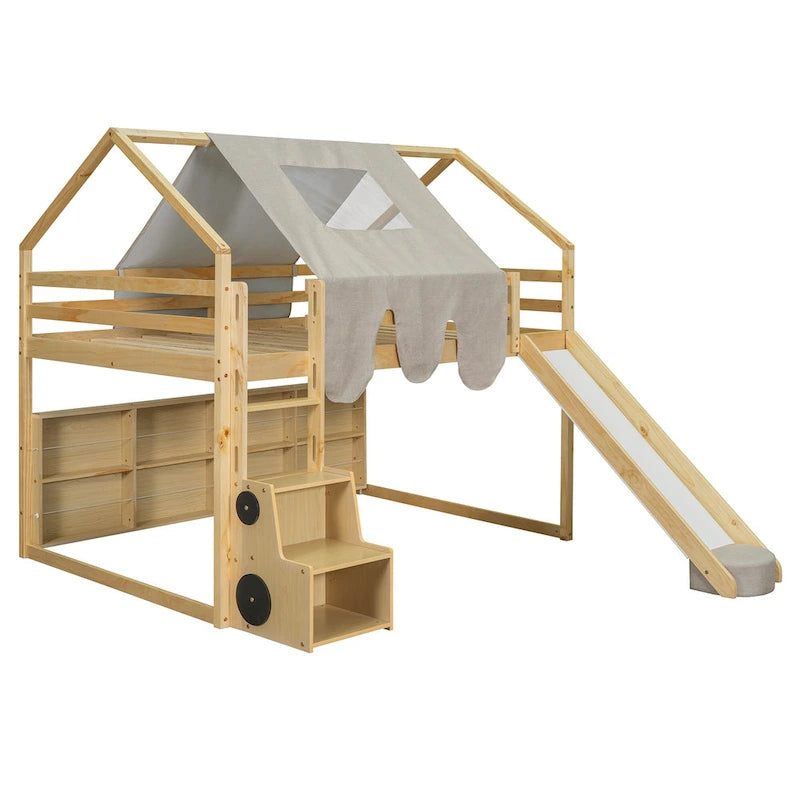 Letto a soppalco matrimoniale con tenda da gioco, design a casetta, scivolo e scala