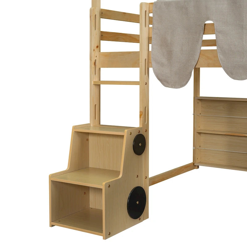 Letto a soppalco matrimoniale con tenda da gioco, design a casetta, scivolo e scala