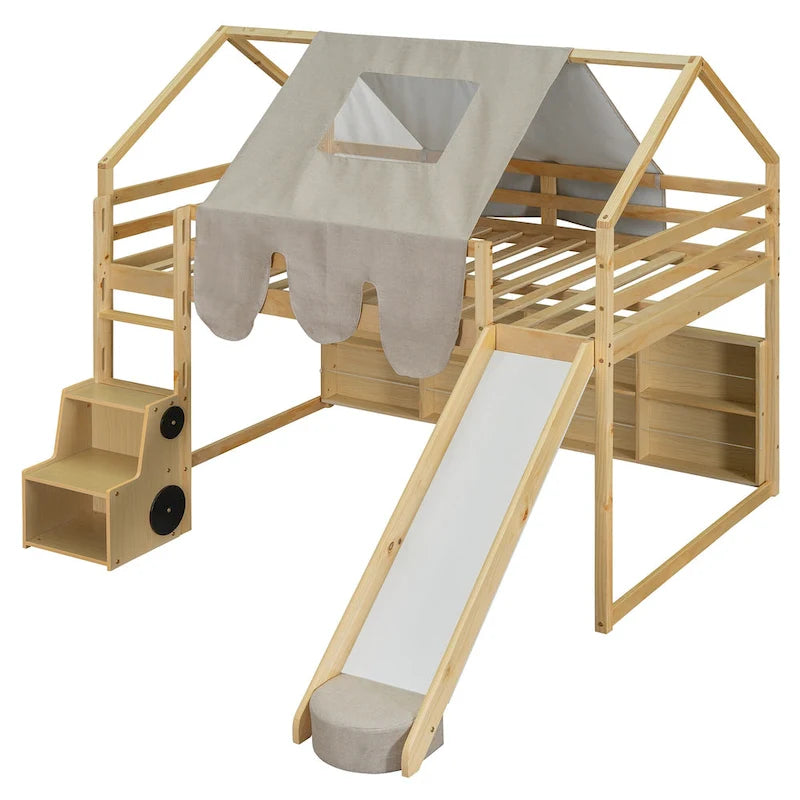 Letto a soppalco matrimoniale con tenda da gioco, design a casetta, scivolo e scala