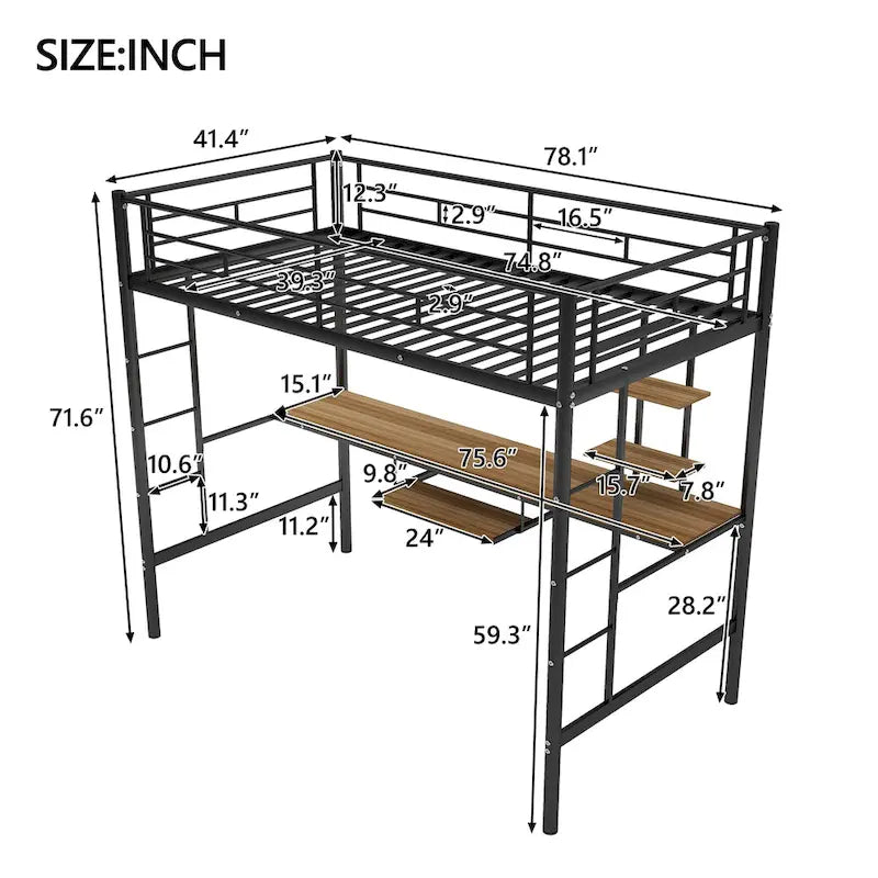 Letto a soppalco singolo con scrivania e mensola in legno