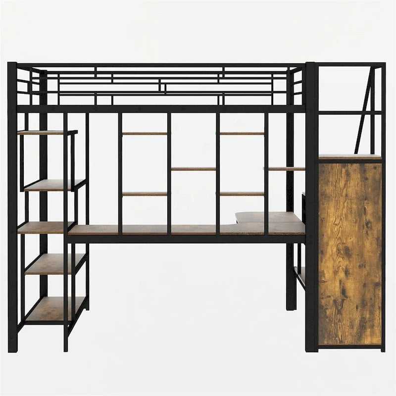 Full Size Metal Loft Bed with Storage Staircase and Small Wardrobe