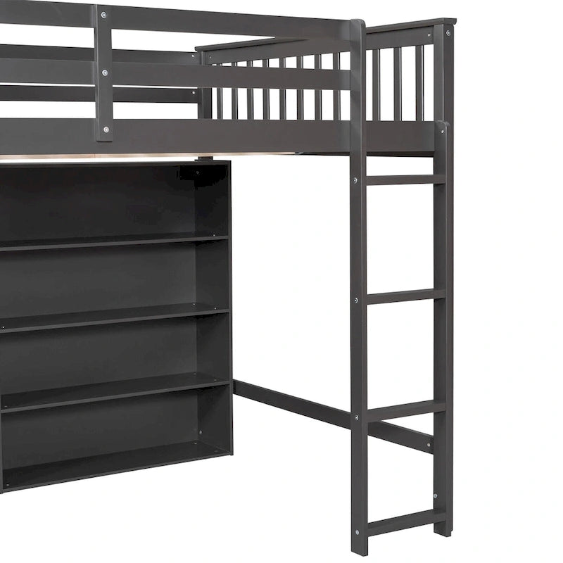 Hoogslaper voor 2-persoonsbed met open opbergplanken en ingebouwde ladder, grijs