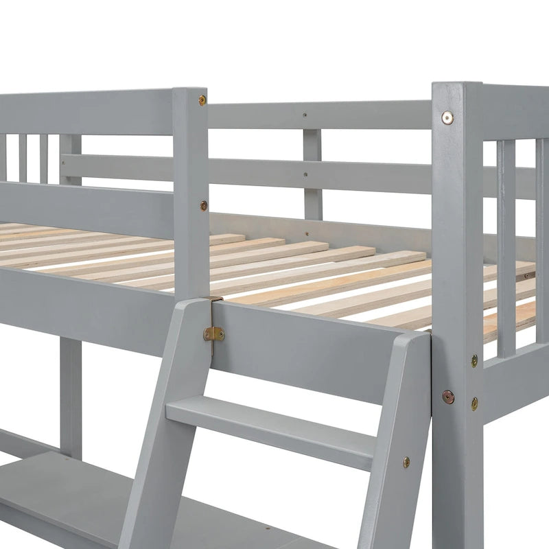Wood Twin Size L-Shaped Loft Bed w/Ladder, 2 Built-in L-Shaped Desks