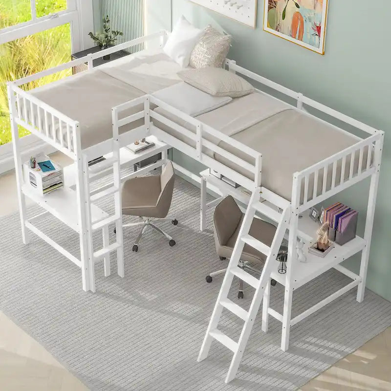 Letto a soppalco a L in legno singolo con scala e 2 scrivanie integrate a L