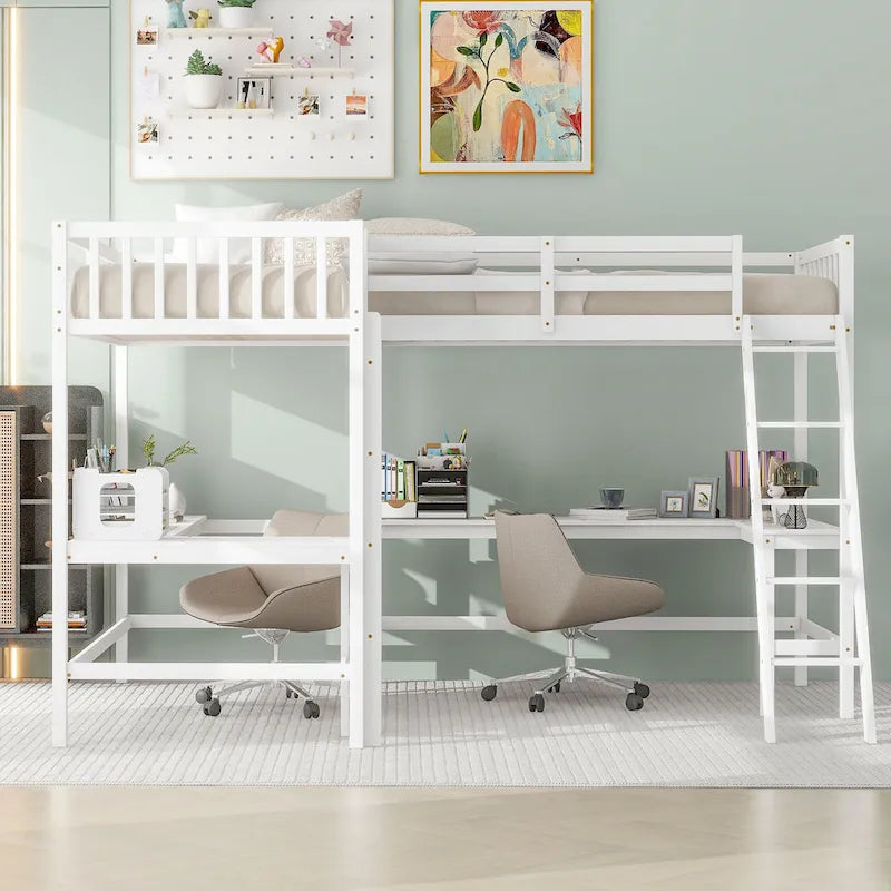Letto a soppalco a L in legno singolo con scala e 2 scrivanie integrate a L
