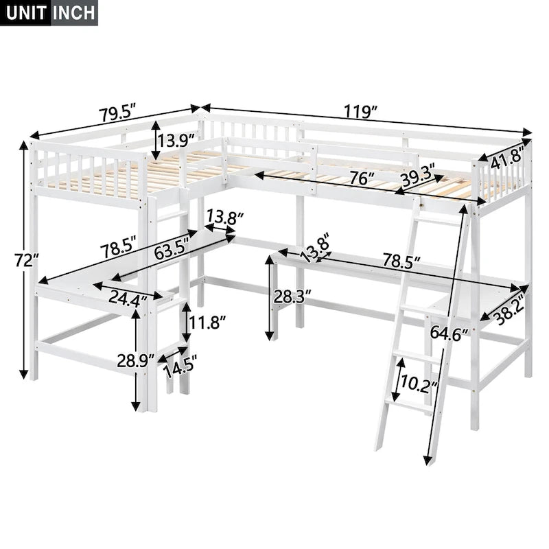 Letto a soppalco a L in legno singolo con scala e 2 scrivanie integrate a L