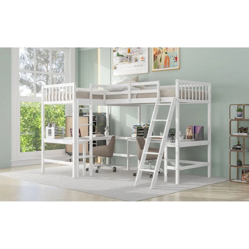 Letto a soppalco a L in legno singolo con scala e 2 scrivanie integrate a L